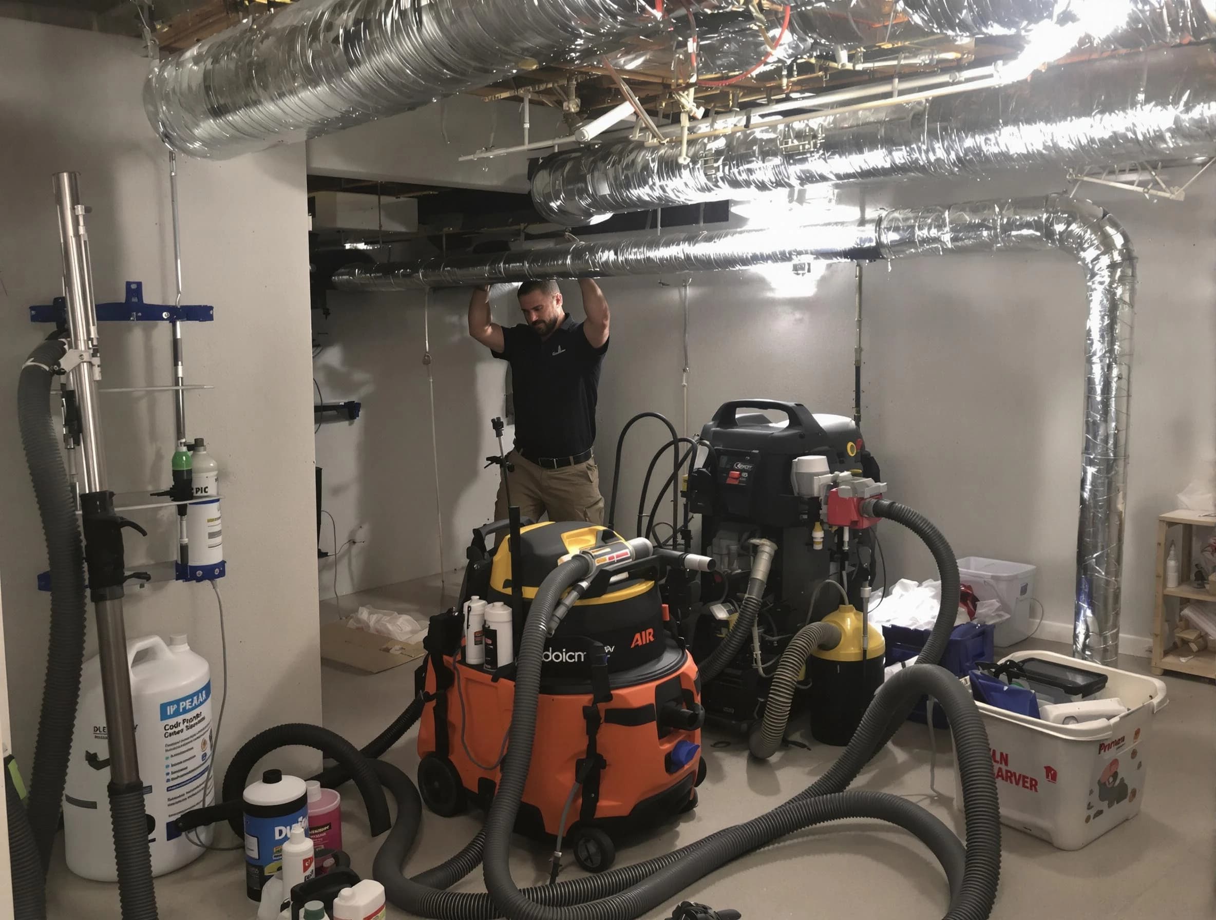Castle Pines Village Air Duct Cleaning specialist performing professional mold removal from air ducts using safety equipment in Castle Pines Village