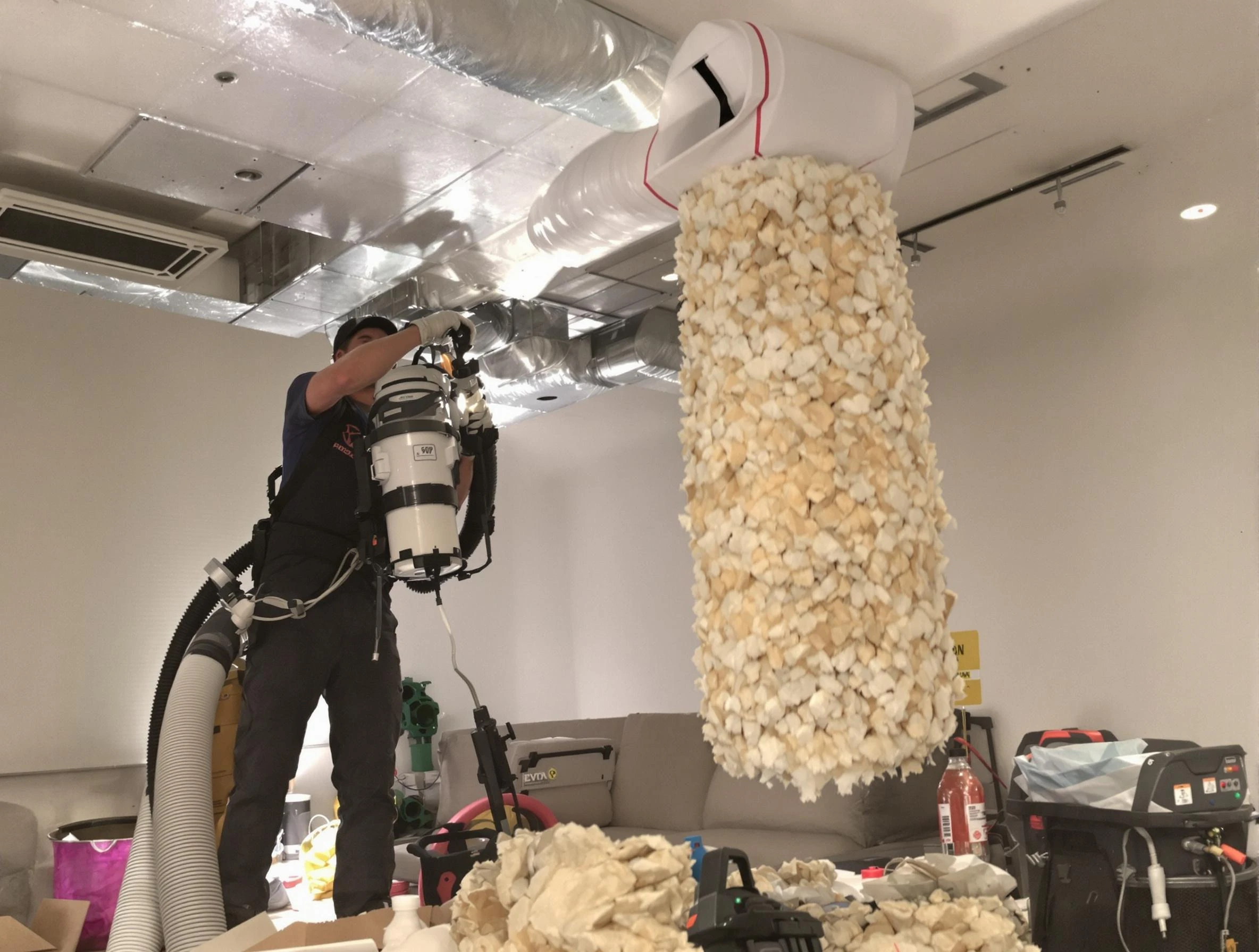 Castle Pines Village Air Duct Cleaning technician performing precision vacuum insulation removal in a residential property in Castle Pines Village